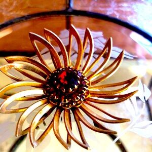 Gold and Red Ruby Floral Brooch